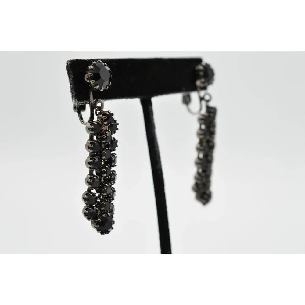 Vintage Statement Earrings Clip On Black Rhinestone Crystal Gunmetal Dangle 9H